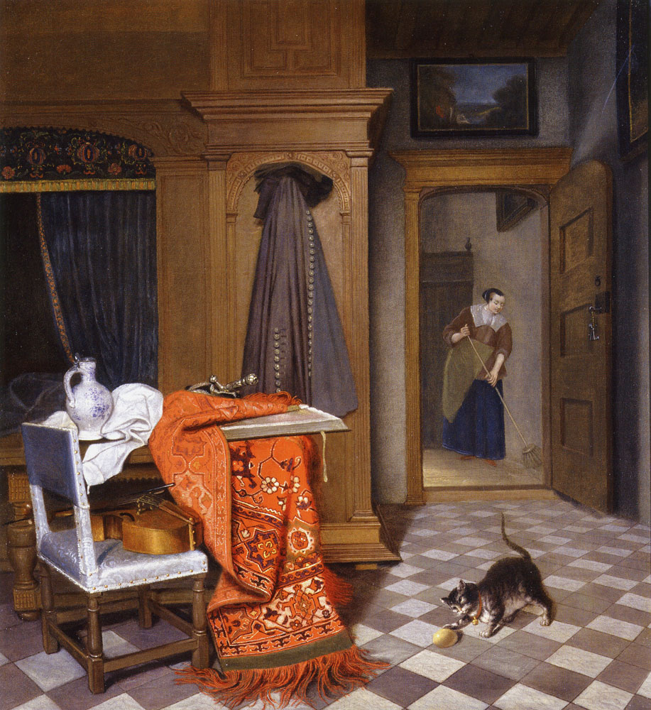Cornelis de Man - Interior with a Woman Sweeping